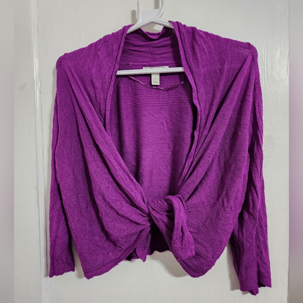 Juniors sz L purple 3/4 sleeve cropped cover-up, open front lightweight